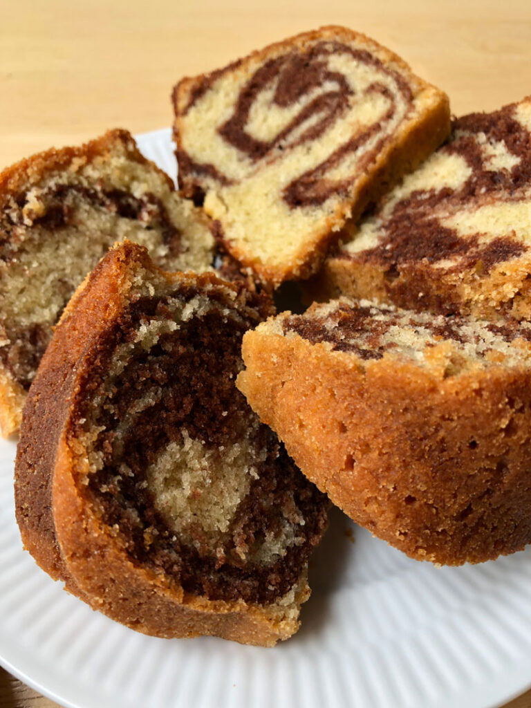 Tigerkaka (Swedish Marble Cake) in slices lying on a plate