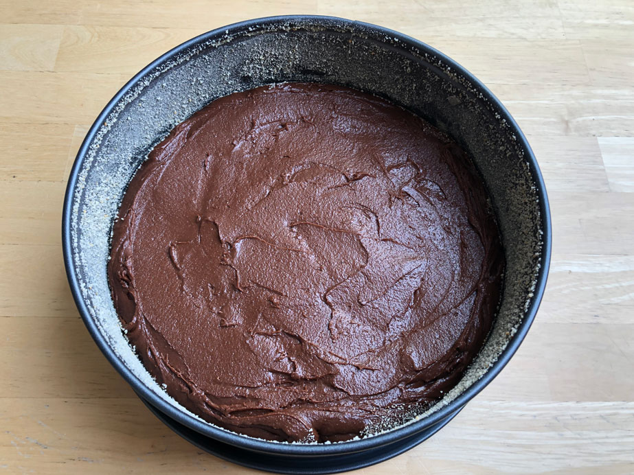 Batter for Swedish sticky mint chocolate cake in a prepared 9-in springform pan.
