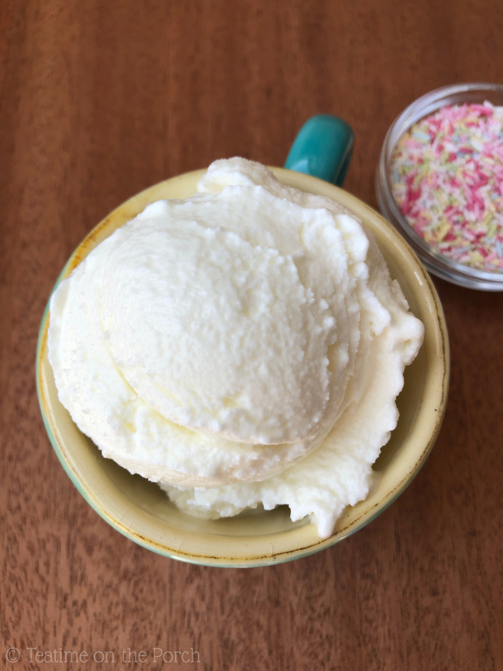 Homemade Frozen Yogurt Recipe Creamy homemade frozen yogurt served in a small turquoise cup, with a small glass bowl with colorful sugar sprinkles in the background.