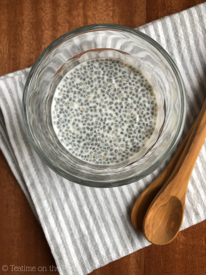 Chia pudding served in a glas from a bird's eye view.