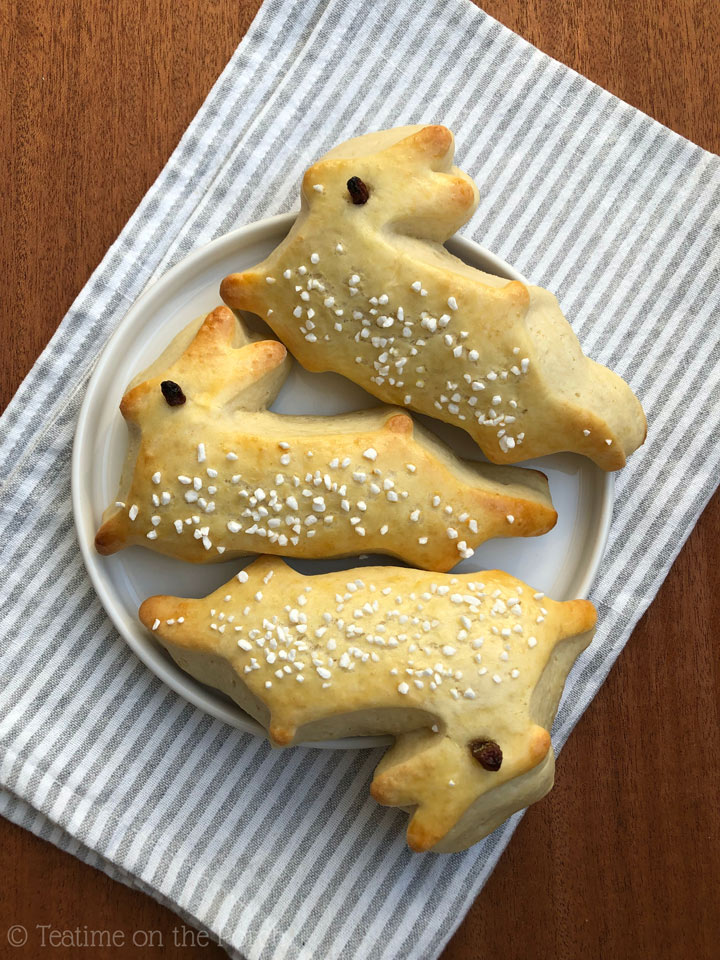Easter Bunny Rolls Recipe Easter bunny rolls decorated with raisins and pearl sugar.